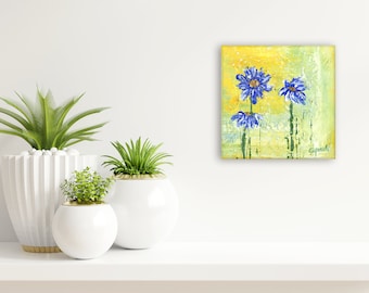 Painting small canvas with blue flowers; Modern floral wall art; Hand painted canvas wall art; Wedding gift parents; Gift first home.