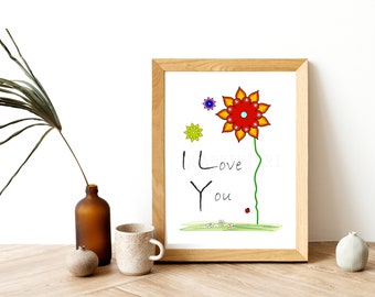 Flower illustration print; Digital download I love you A4; Download art print abstract; Personalized gifts gifts for girlfriend; Cheap gift.