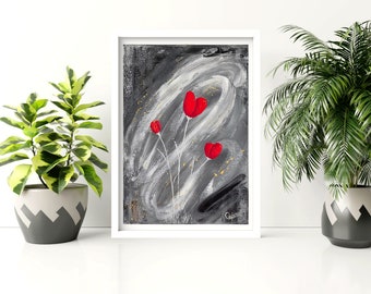Hand-painted painting on canvas with red flowers 30 cm x 40 cm; tulips in modern style; wedding gift for new home; contemporary art.