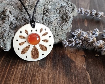 Wooden pendant necklace, carnelian natural stone, engraved pendants necklace for women, pyrography wood burning, gift for women friends.