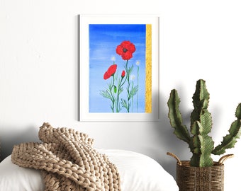 Poppy wall art; Digital prints download A4; Poppies art print; Printable wall art digital download; Gift for nature lovers; Art print gift.