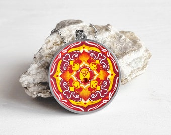 Stainless steel woman necklace, 1.7" pendant with muladhara chakra mandala, colored jewel for inner strength; original gift for best friend.