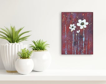 Small original painting 7" x 9.5"; Hand painted white daisies; Original modern art; House warming gifts new home; New homeowner gifts.