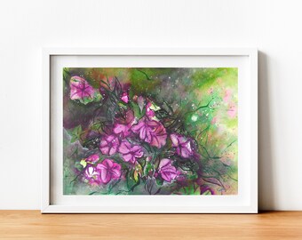 Digital watercolor painting A4 and A3; Download art print jpg; Petunia flowers art; Printable wall art; Gift for nature lovers.