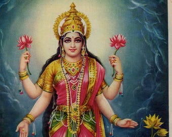 Lakshmi... Plakat z indyjskimi, hinduistycznymi motywami religijnymi w stylu vintage