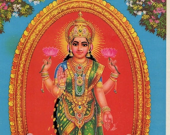 Lakshmi... Plakat z indyjskimi, hinduistycznymi motywami religijnymi w stylu vintage