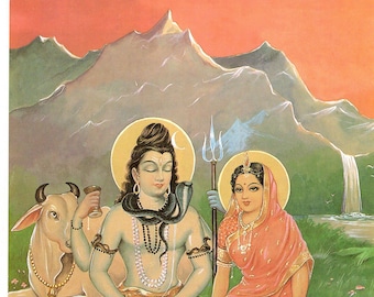 Śiwa i jego rodzina - zabytkowy indyjski druk religijny hinduistyczny