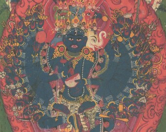 May include: A detailed, vintage painting depicting a multi-faced deity with multiple arms, adorned with ornate jewellery and a crown. The figure is surrounded by a vibrant red halo and other figures. The artwork features a rich colour palette of blues, reds, and gold.