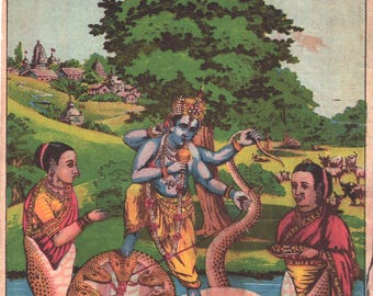 Krishna upon the snake ... Contemporary reprint of vintage Indian print.