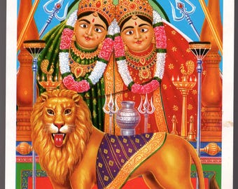 Sztuka Kali, Chamunda Mata... Vintage indyjski hinduski druk nabożny