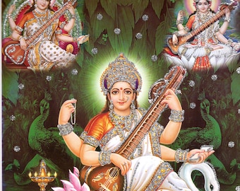 Sarasvati - indyjski plakat hinduistyczny w stylu vintage