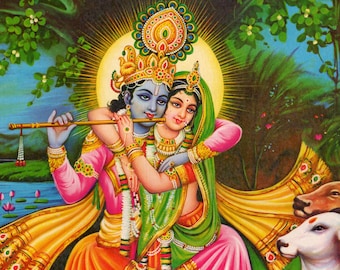 Krishna i Radha... Plakat z indyjskimi, hinduistycznymi motywami religijnymi w stylu vintage
