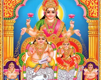 Lakshmi avec Kubera... affiche dévotionnelle hindoue indienne de style vintage