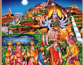 Kali i osiem matek... Indyjski, hinduski, religijny wydruk w stylu vintage.