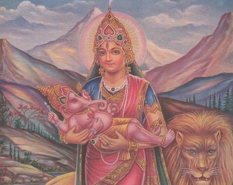 Singha Bahini, Durga and Ganesh ... Contemporary reprint of vintage Indian print.