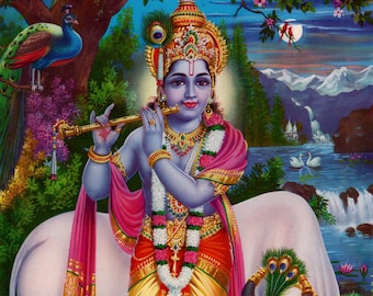 Krishna... Plakat z indyjskim, hinduskim przesłaniem religijnym w stylu vintage