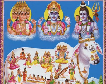 Kamadhenu ... Vintage-style Indian Hindu devotional poster print