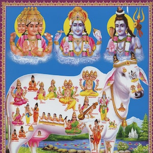 Kamadhenu ... Vintage-style Indian Hindu devotional poster print