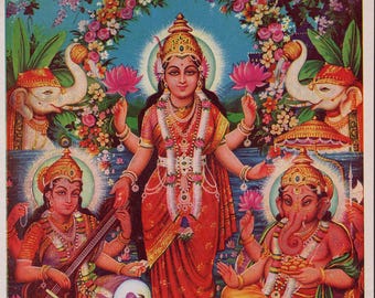 Lakshmi  ... Vintage Indian Hindu Devotional poster print