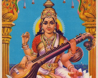Saraswati... Vintage Indiase hindoeïstische devotionele posterafdruk