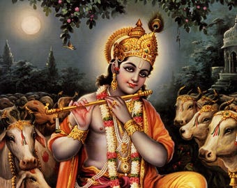 Krishna - Large Vintage-style Indian Hindu devotional poster print