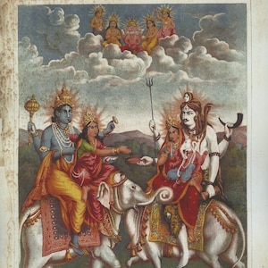 The Meeting of Vishnu and Shiva ... Contemporary reprint of vintage Indian print.