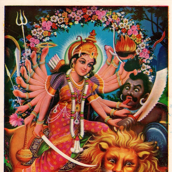 Durga as Mahishasuramardini .. Vintage Indian devotional print