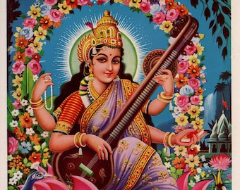 Saraswati... Vintage Indiase hindoeïstische devotionele posterafdruk