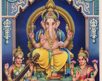 Ganesh art ... Ganesh, Sarasvati & Lakshmi ... Large Vintage Indian devotional print