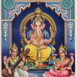 Ganesh art ... Ganesh, Sarasvati & Lakshmi ... Large Vintage Indian devotional print