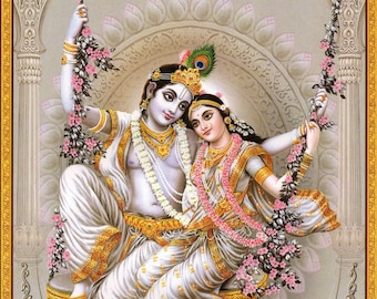 Krishna en Radha... Grote Indiase devotionele print in vintagestijl