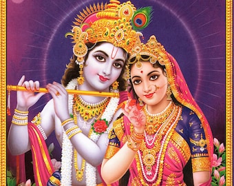 Krishna en Radha... Grote Indiase devotionele print in vintagestijl