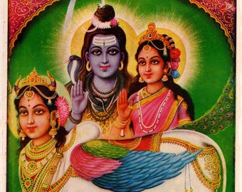 シヴァ　パールヴァティー　額縁付　　　　ビンテージポスター シヴァとパールヴァティ ヴィンテージスタイルのインドヒンズー教の