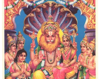 Narasimha, incarnation de Vishnu... Réimpression contemporaine d'une estampe indienne vintage.