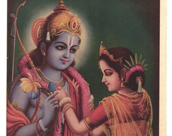 ラーマとシーターのインド絵画(画家の直筆） ラーマとシーターのインド絵画(画家の直筆） ラーマとシーターの