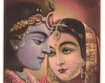 Radha Krishna... Eigentijdse herdruk van vintage Indiase print.