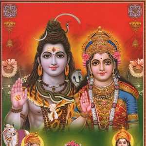 Shiva y Parvati... Impresión de póster devocional hindú indio de gran tamaño de estilo vintage.