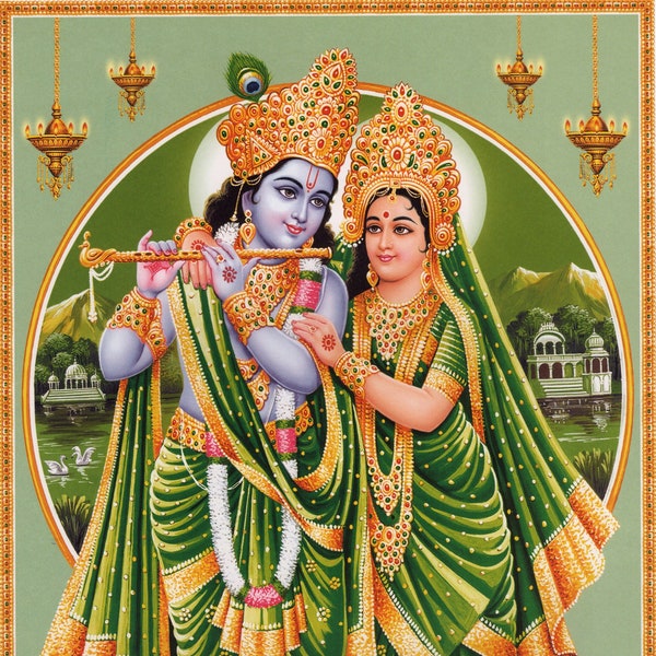 Krishna art, Krishna & Radha ... Large Indian Vintage-style Devotional Print