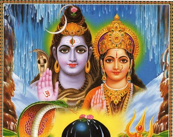 Shiva & Parvati ... Large Vintage-style Indian Hindu Devotional poster print