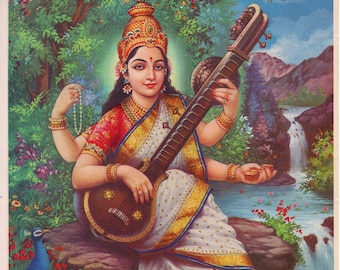 Saraswati... Vintage Indiase hindoeïstische devotionele posterafdruk