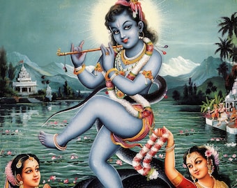 Lord Krishna - Large Vintage-style Indian Hindu devotional poster print