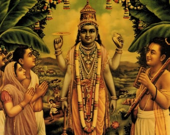 Vishnu art, Vishnu Worshipped & A Young Krishna - Vintage style Indian Hindu devotional poster print