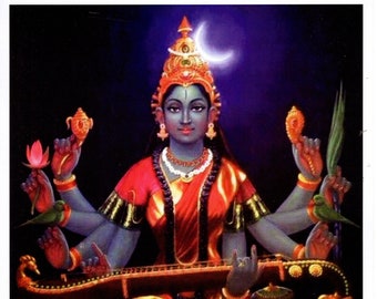 Goddess Matangi Devi ...  Vintage-style Indian Hindu Devotional Print.