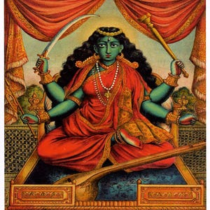 Goddess Matangi Devi ...  Vintage-style Indian Hindu Devotional Print.