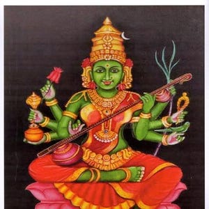 Goddess Matangi Devi ...  Vintage-style Indian Hindu Devotional Print.