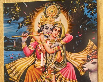 Krishna and Radha/Caitanya - Large Vintage-style Indian Hindu devotional poster print