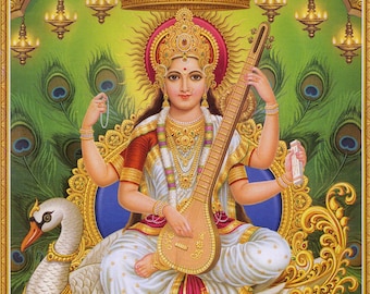 Sarasvati - plakat z indyjskim hinduizmem w stylu vintage