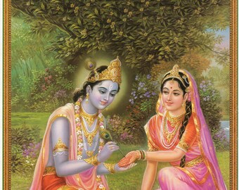 Krishna-kunst, Krishna en Radha... Vintage Indiase hindoe-devotionele posterafdruk in vintage-stijl