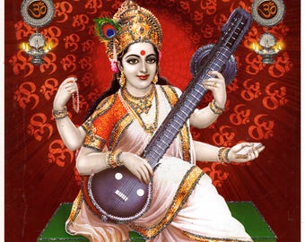 Sarasvati - Vintage-style Indian Hindu devotional poster print