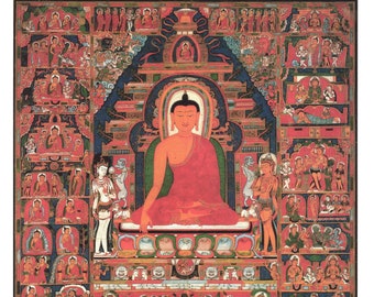 Der Buddha - Zeitgenössischer Druck von vintage Tibetischer Thanka.